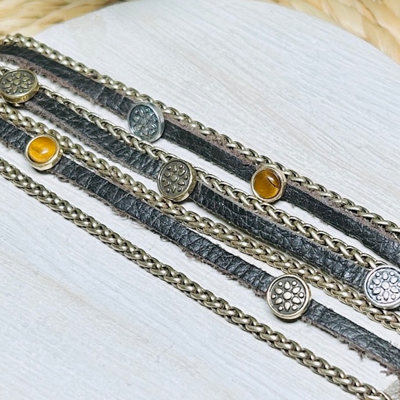 LUCKY Brand Multi Strand Tigers Eye Brown Suede & Brass Tone Chain Bracelet - Picture 7 of 11